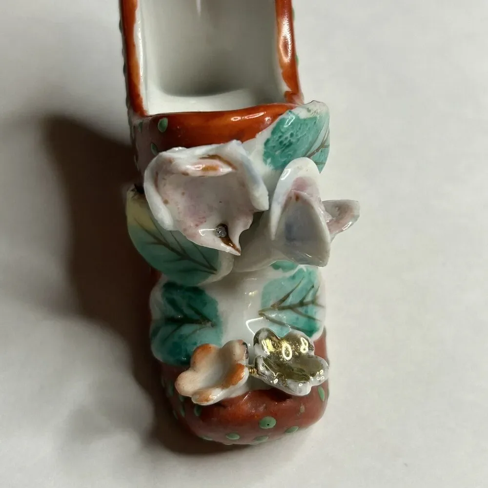 Vintage Porcelain Shoe made in Japan‎ Red with Green Polka dots miniature 3
